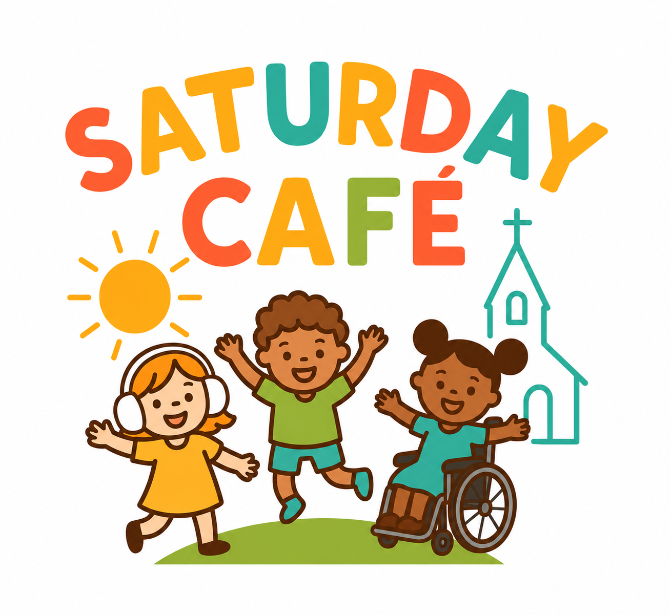 Three happy children jumping under the Saturday Cafe sun